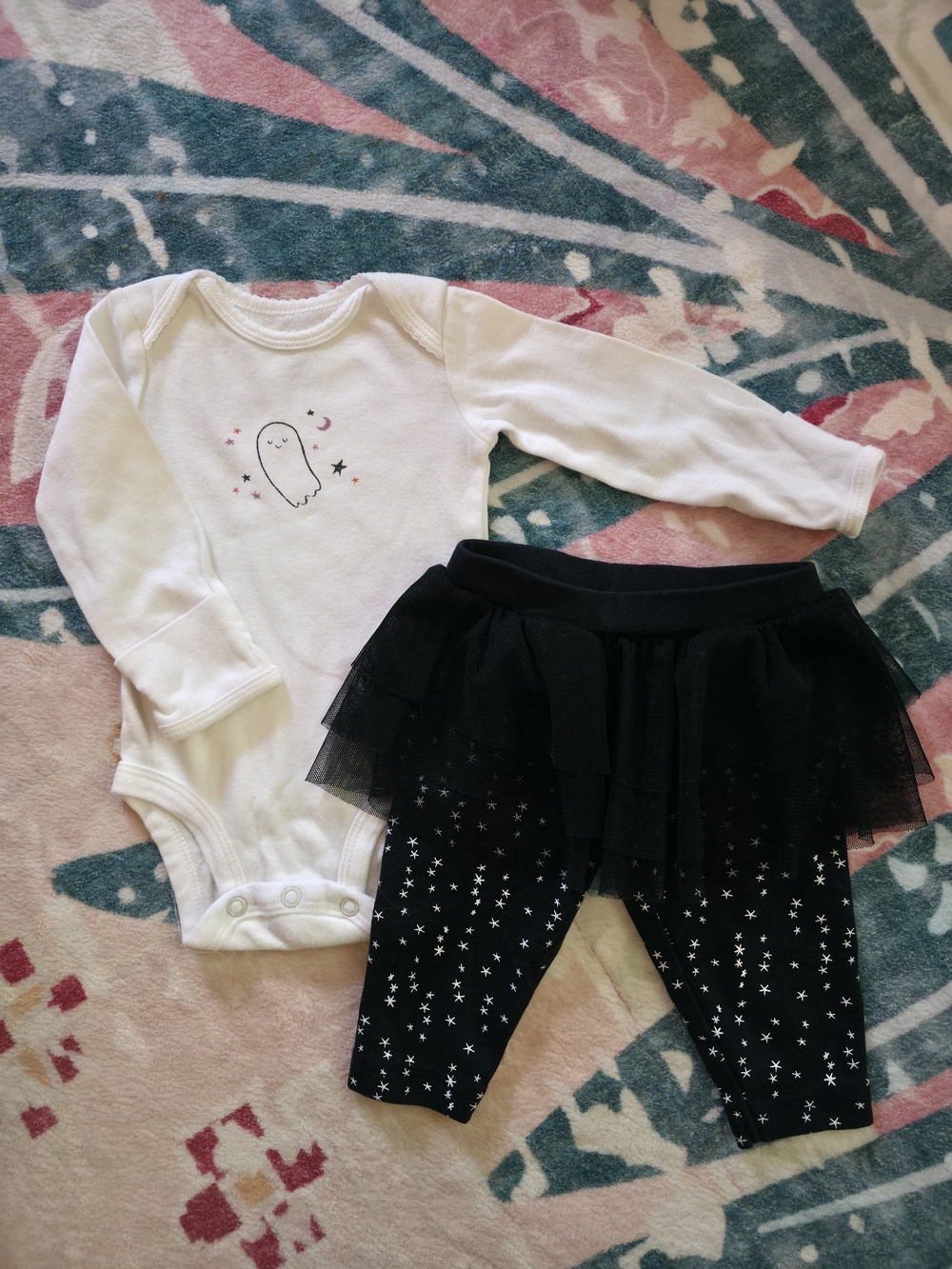 Baby Girls White Ghost Bodysuit and Black Star Tutu Leggings Set - 3 Month